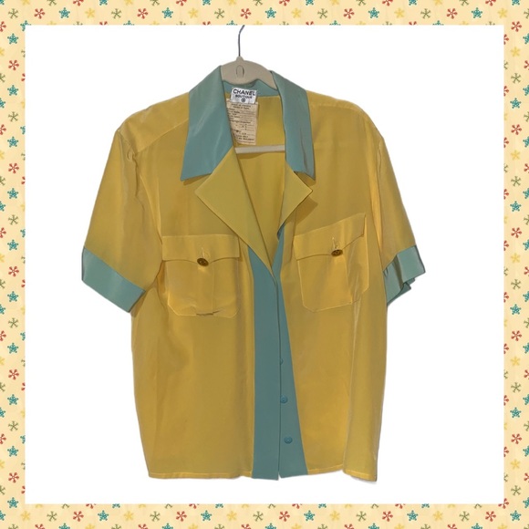 CHANEL Tops - Chanel Vintage 1993 Yellow and Blue Button Down Silk Top